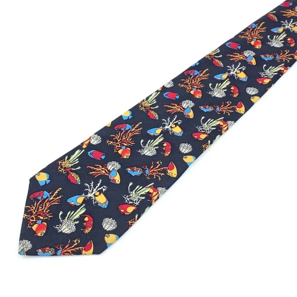 BEAUFORT Tie Rack Black Multicolor Fish Animal 100% Silk Necktie Made in Italy